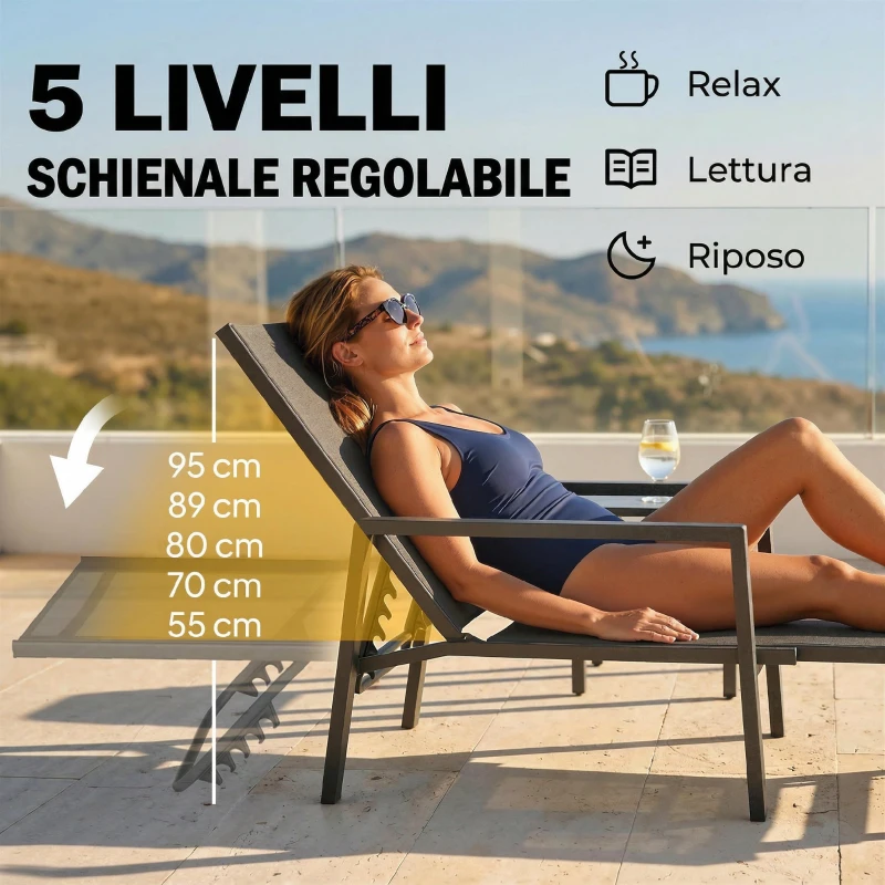 Outsunny Sdraio Reclinabile 5 Posizioni, Poggiapiedi Retrattile, Ideale Per Giardino