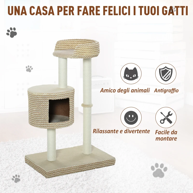 PawHut Albero Tiragraffi per Gatti Multi-livello, 2 Piattaforme, 1 Casetta e Corde in Juta, 61x41x96 cm, Beige