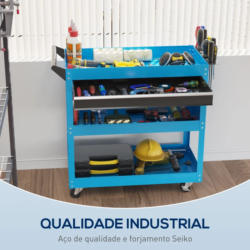 DURHAND Carrinho de Ferramentas com 3 Bandejas e Gaveta Rodas com Travões Pega Lateral Painel Lateral Perfurado 82x35x76 cm Azul
