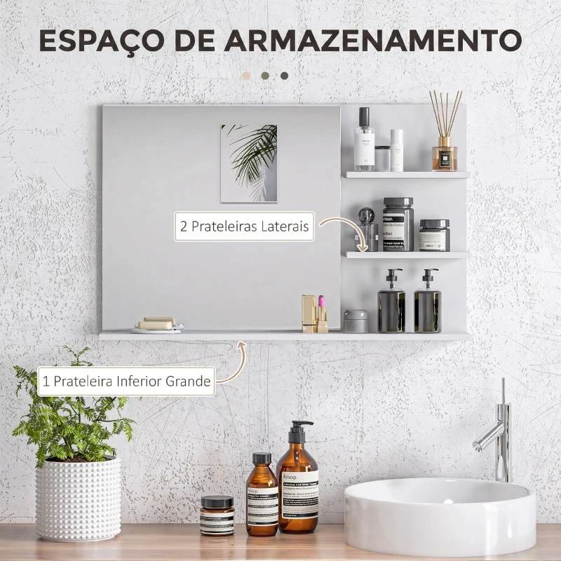 Kleankin Espelho de Casa de Banho de Parede com 2 Prateleiras Laterais e Prateleira Inferior 75x10x48 cm Branco