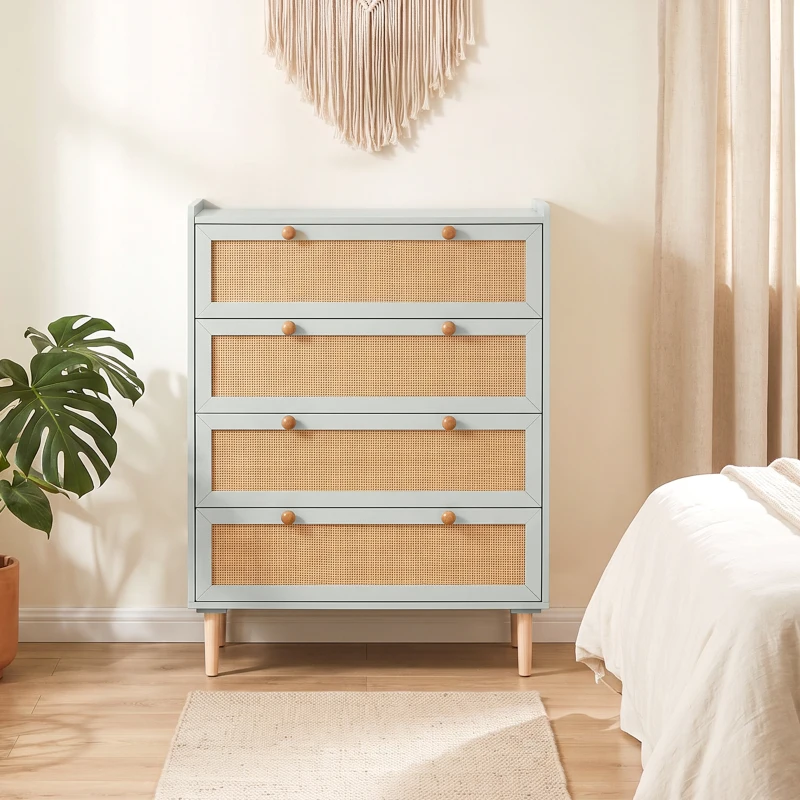 HOMCOM Cômoda 4 Gavetas em Madeira e Rattan PVC, Estilo Boêmio, para Quarto, Entrada, Corredor, 80x40x109,2cm, Verde Sálvia