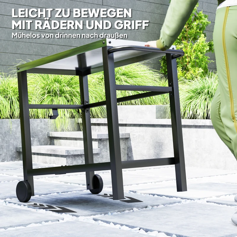 Outsunny Grillwagen 2-Etagen Servierwagen mit Arbeitsfläche Ablagen Haken Räder Edelstahl 102 x 56 x 81cm