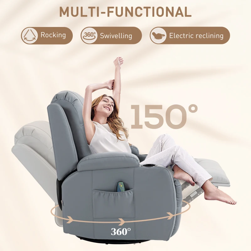HOMCOM Massage Recliner Armchair, PU Leather Recliner Chair, Light Grey
