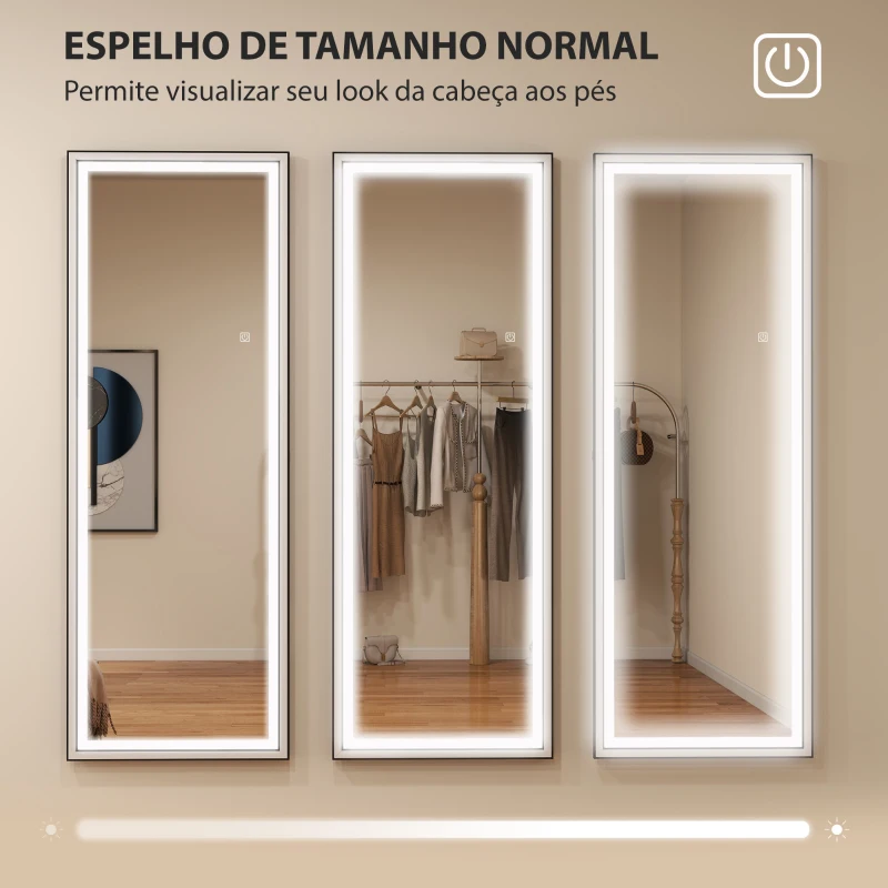 HOMCOM Espelho de Pé  com Luzes 165x60 cm 3 Temperaturas de Cor Brilho Ajustável Independente ou de Parede Branco e Preto
