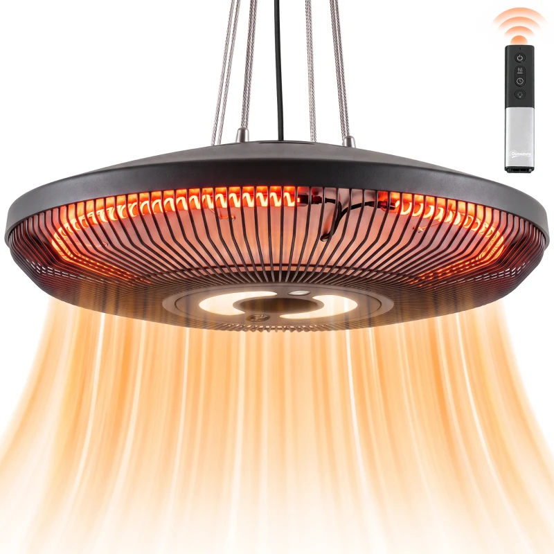 Outsunny Hanging Electric Patio Heater with LED Light, 1000/2000 W IP65 Outdoor Infrared Heater with Touch/Remote Control, Black