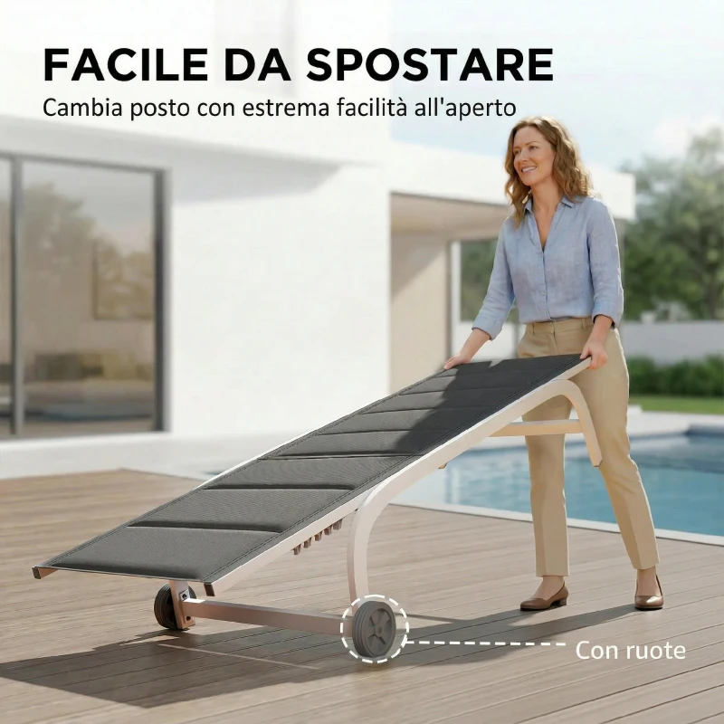 Outsunny Lettino Prendisole da Giardino con Ruote, in Texteline con Telaio in Alluminio, Grigio Scuro e Bianco