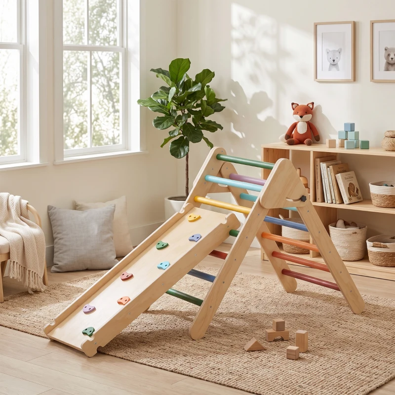 AIYAPLAY Toddler Climbing Frame for Kids, with Ramp, 3-in-1 Wooden Play Triangle Set for 18-48 Months, Multicolour