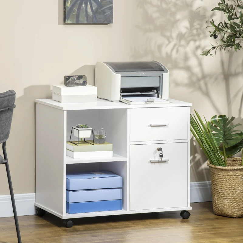 Vinsetto Armário para Impressora Móvel Auxiliar de Escritório com Rodas 2 Prateleiras 2 Gavetas Carga 30kg  80x40x66,5cm Branco