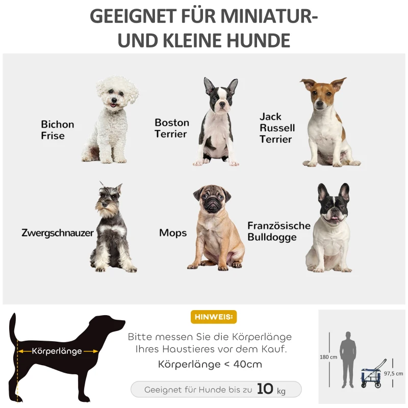 PawHut Hondenbuggy Huisdierbuggy Hondenkar, inklapbaar, afneembare mand, 81 x 58 x 97,5 cm, Zwart + Blauw + Wit