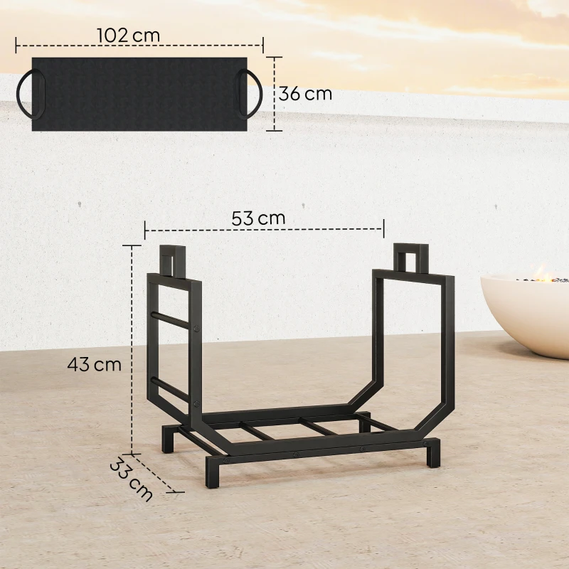 Outsunny Range-bûches porte buche avec sac de transport et poignées pour intérieure, en métal robuste, 53 x 33 x 43 cm, noir