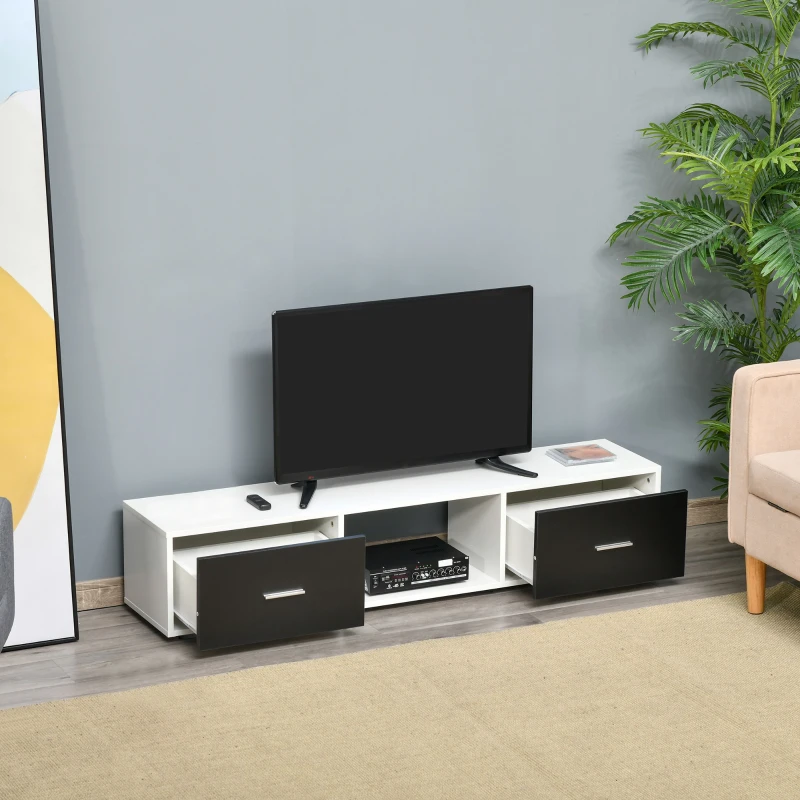 HOMCOM Mueble de TV para Televisores de hasta 60" Mesa para TV de Salón Estilo Moderno con 2 Cajones y Compartimento Abierto 140x30x32 cm Blanco y Negro