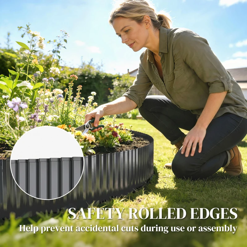 Outsunny Metal Garden Edging Border, 8 in x 21.3 ft Corrugated Heavy Duty Galvanised Steel Lawn Edging, Dark Grey