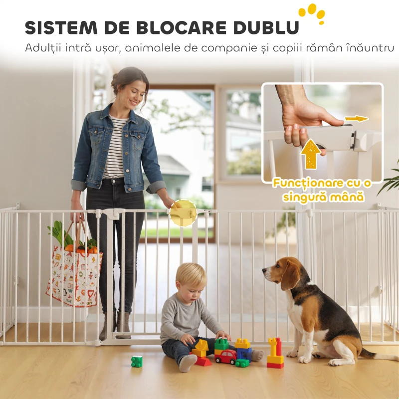 PawHut Țarc pentru Câini cu 8 Panouri Modulabile și Închidere Automată, din Oțel și ABS, 61x3x75 cm, Alb