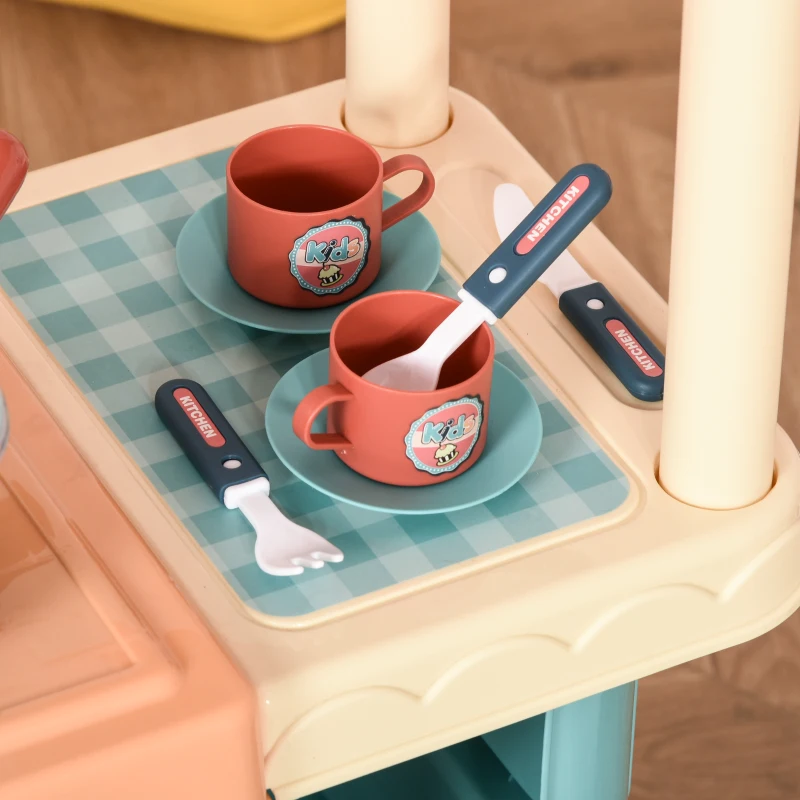 HOMCOM Kinderküche mit Zubehör 50-Teilige Spielküche Spielzeugküche Kunststoff Blau+Rot+Orange 79,5 x 33 x 90,5 cm