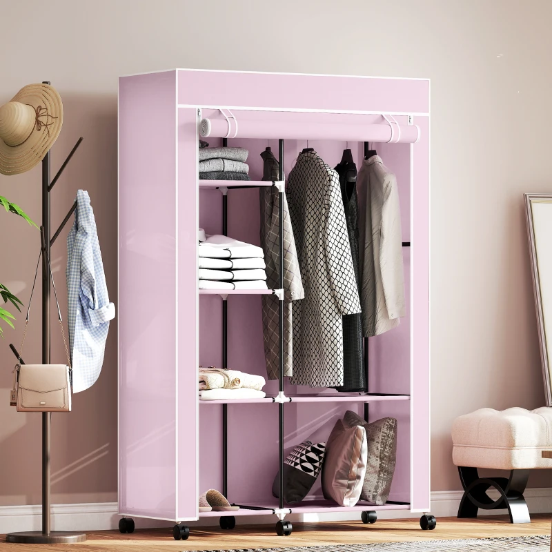 HOMCOM Roupeiro de Tecido Dobrável com 6 Prateleiras 1 Barra de Pendurar e Rodas para Dormitório Vestidor 103x43x162,5 cm Rosa