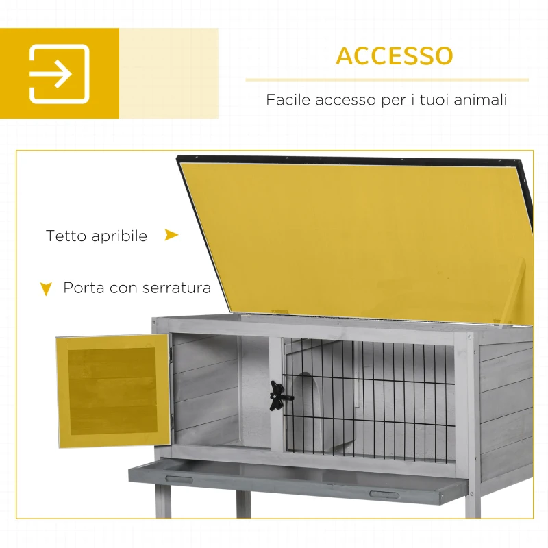PawHut Conigliera Rialzata in Legno da Esterni con Tettuccio Apribile e Vassoio per Roditori 86x45x70cm