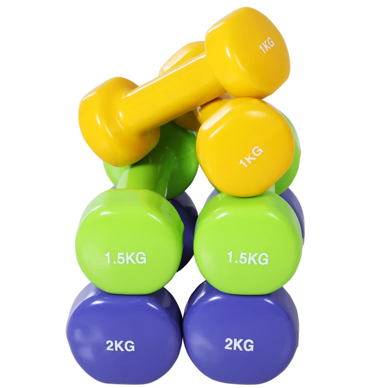 HOMCOM Ensemble d'haltères courtes total 10 Kg - paires de 0,5/1/1,5/2 Kg avec malette - entraînement musculaire & haltérophilie - métal PU rose, jaune, vert, violet