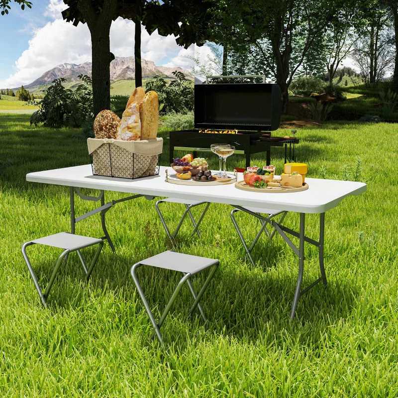 Outsunny Tavolo da Giardino Pieghevole con Maniglia, Acciaio e Plastica, 180x74x74 cm, Bianco