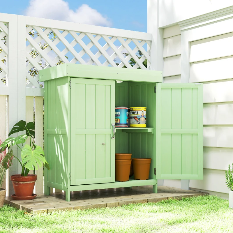 Outsunny Small Shed, Wooden Garden Shed with Openable Hinged Roof and Removable Shelf, 74 x 43 x 88 cm, Light Green