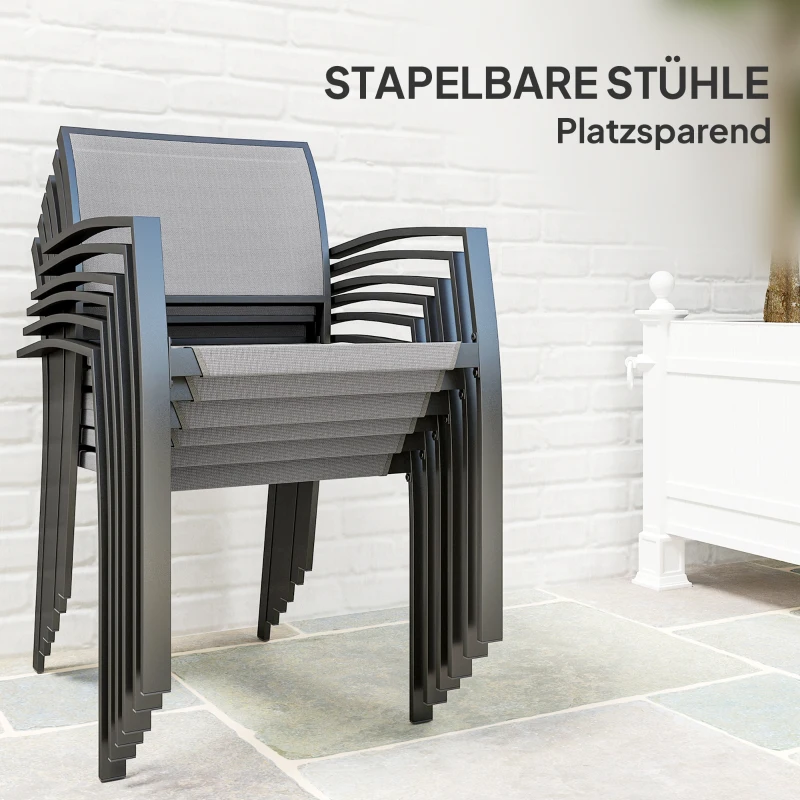 Outsunny 7-delige eettafelset, 6 stoelen, 1 tafel, stapelbaar, gemakkelijk te reinigen, stalen frame, tuinmeubelset, grijs