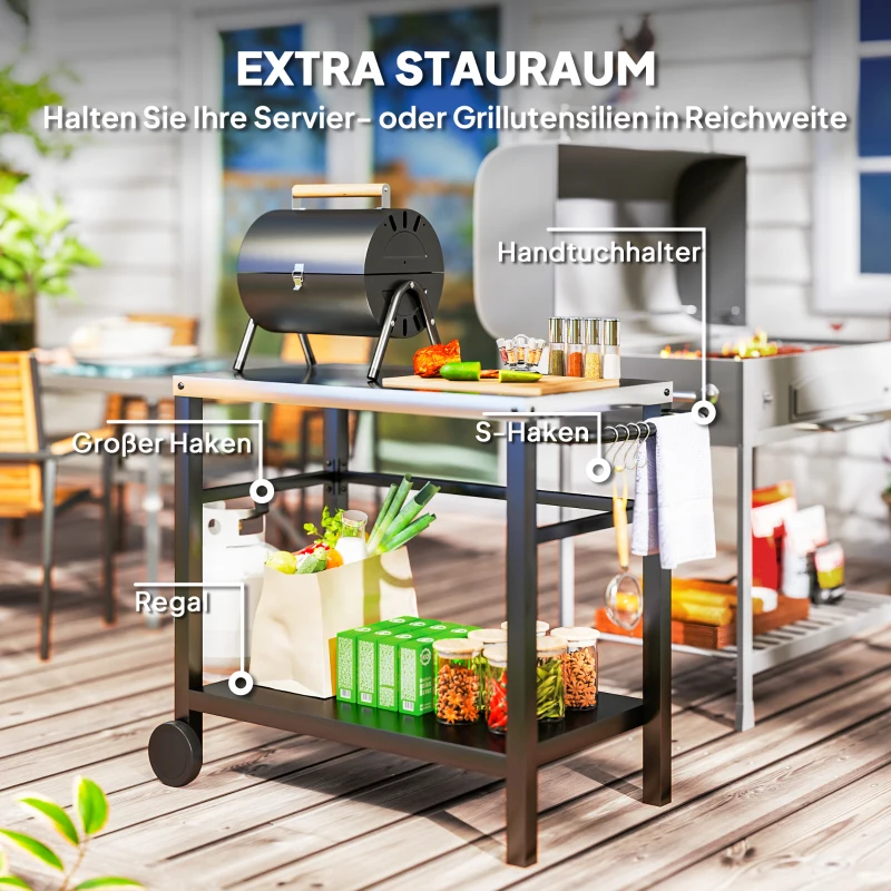 Outsunny Grillwagen 2-Etagen Servierwagen mit Arbeitsfläche Ablagen Haken Räder Edelstahl 102 x 56 x 81cm