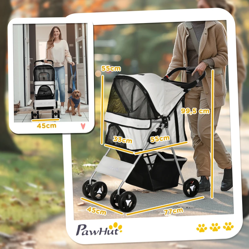 PawHut Passeggino per Cani Pieghevole con 3 Reti e Cerniera, in Ferro e Tessuto Oxford, 77x45x99.5 cm, Grigio