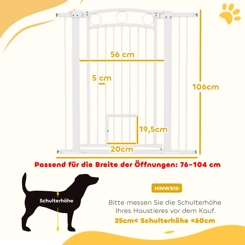 PawHut 106 cm Hoog Huisdierhek met Verstelbare Breedte en Geïntegreerde Kattendeur, voor Trappen en Deurkozijnen, Wit