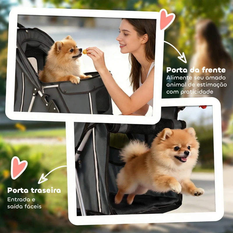 PawHut Carrinho Dobrável para Cães Pequenos com Cesta de Armazenamento, Suportes para Copos e Almofada Lavável 77x44x102 cm Cinzento Escuro
