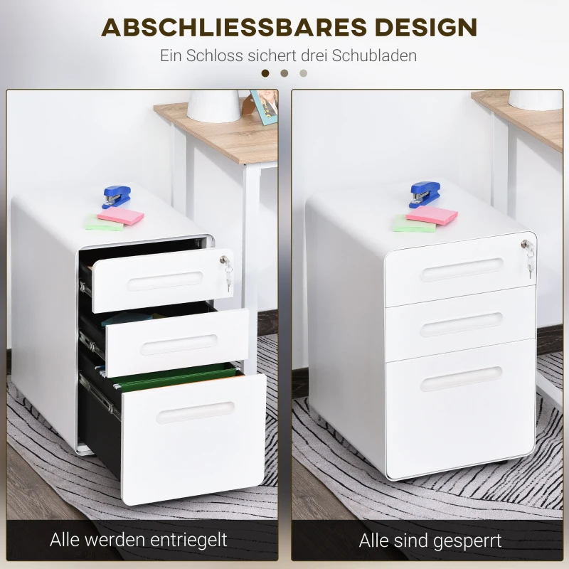 Vinsetto rolcontainer, archiefkast, kantoorcontainer met 3 lades, kantoorkast, opslag, container, staal, wit, 39 x 48 x 59 cm