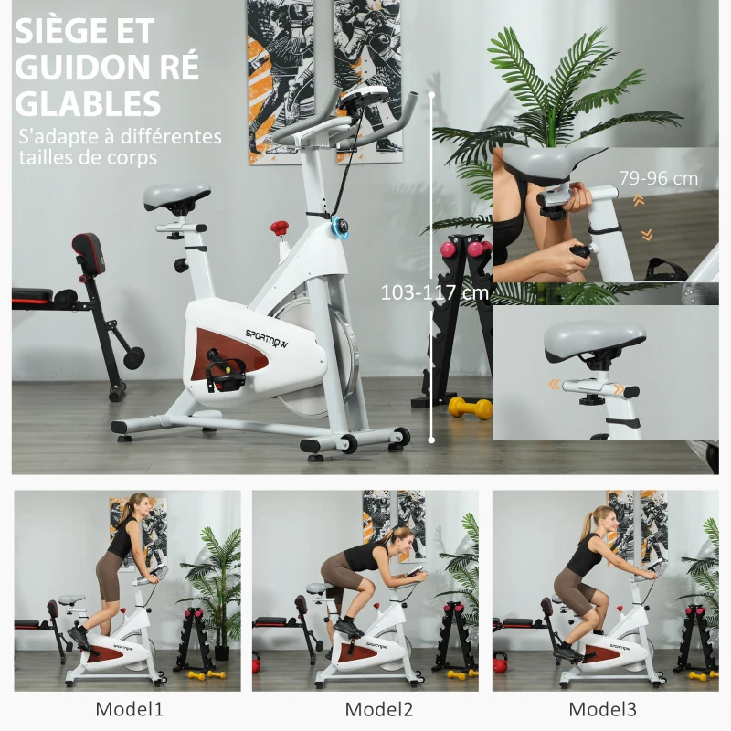 SPORTNOW Vélo d'appartement silencieux avec selle et résistance réglables, moniteur LCD, support de tablette, blanc