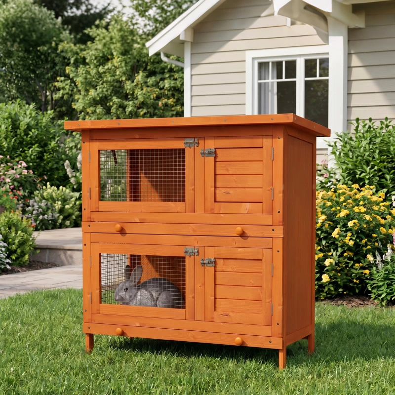 PawHut Clapier à lapin cage à lapin double niveau plateaux coulissants 4 portes verrouillables toit ouvrant 90L x 45l x 90H cm