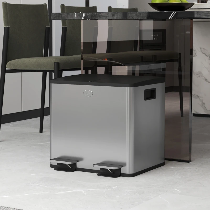 HOMCOM Papelera de Cocina de Acero Inoxidable con 2 Compartimentos 2x15L Pedales Tapas de Cierre Suave y Cubo Extraíble Plata