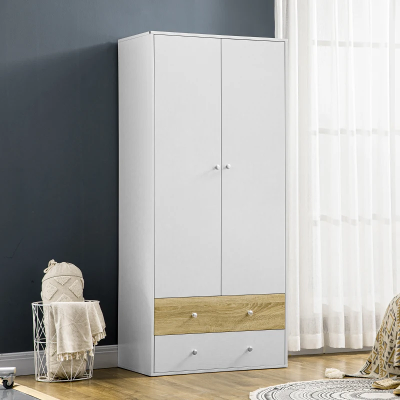 HOMCOM Roupeiro de Madeira Armário para Roupas com 2 Portas 2 Gavetas e 1 Barra para Pendurar 80x50x180 cm Branco e Carvalho