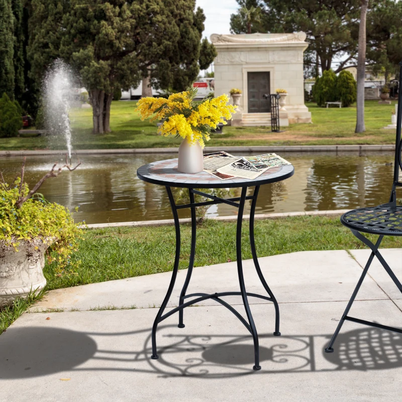 Outsunny Mesa de Jardín Redonda Mesa de Terraza Exterior Ø60x71 cm con Encimera de Mosaico Decorativo Carga 100 kg Mesa para Exterior Patio Naranja y Blanco