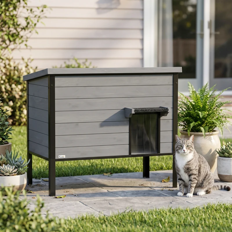 PawHut Weerbestendig kattenhuis met opklapbaar dak en uitneembare bodem, ingang voor 1-2 katten tot 12 kg, 85x55x70 cm, lichtgrijs