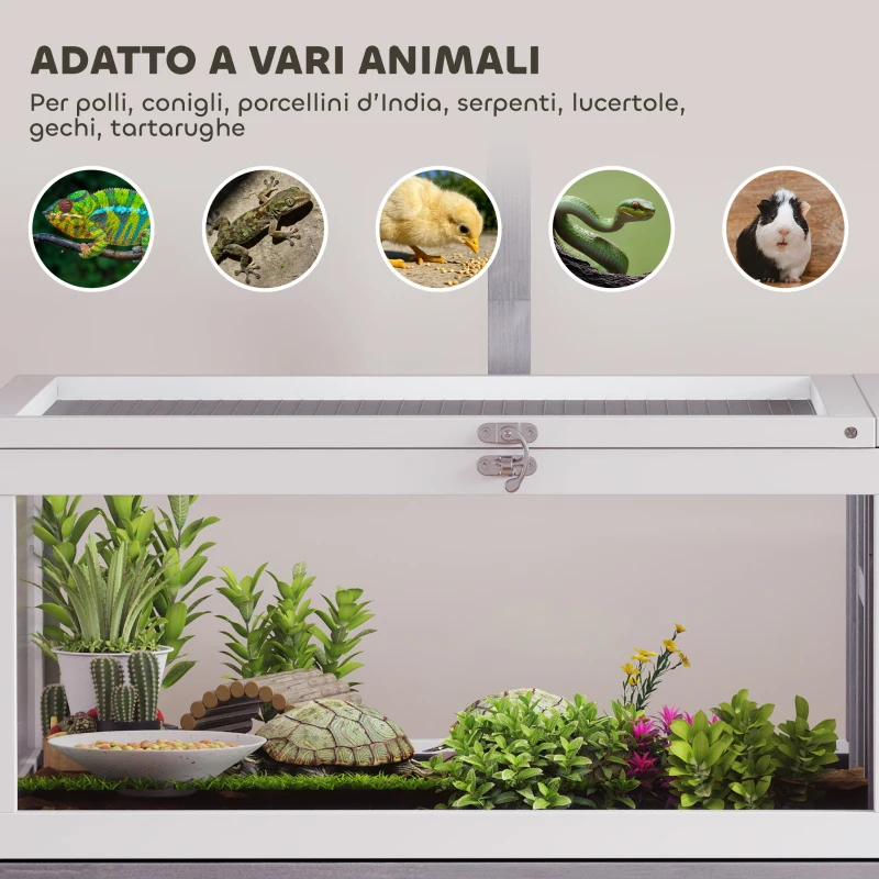 PawHut Casetta Tartarughe Rialzata con Divisorio, Vassoio Estraibile, in Legno e PS, 104x53x82 cm, Grigio e Bianco