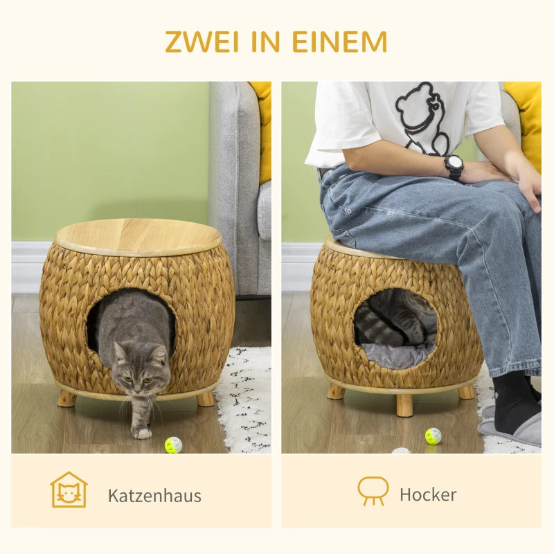 PawHut 2-in-1 kattengrot met waterhyacintgras, wasbaar kussen 44 cm x 43 cm x 42 cm, lichtbruin+natuurlijk hout+grijs