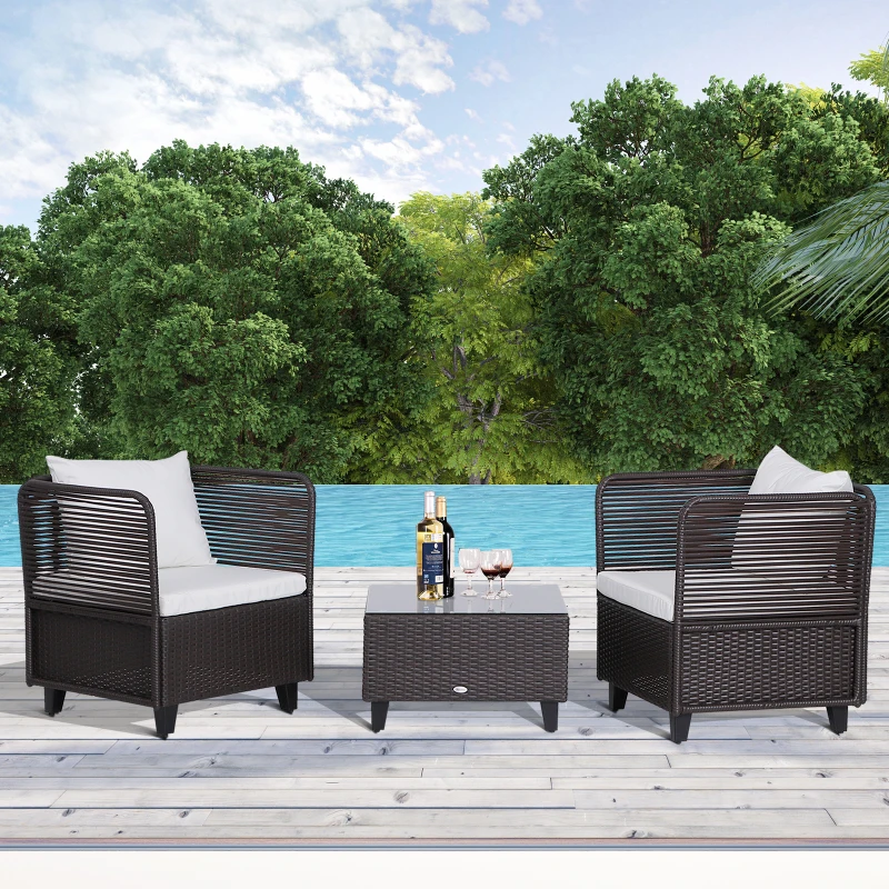 Outsunny Set Mobili da Giardino in Rattan 3 Pezzi 2 Poltrone Tavolino Piano in Vetro Struttura in Acciaio Marrone