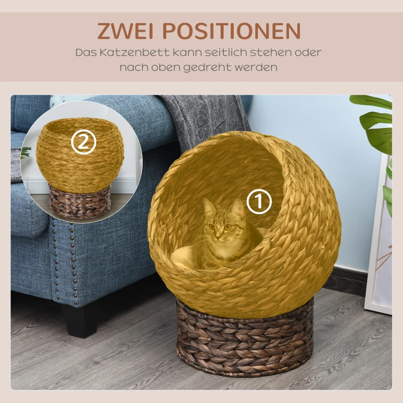 PawHut Waterhyacint kattenmand met kussen, kattenbed, huisdierbed, 50 cm x 42 cm x 60 cm, bruin+beige