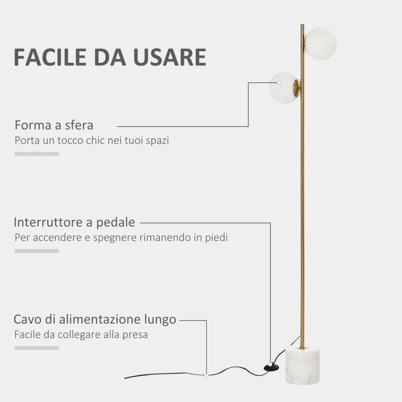 HOMCOM Lampada da Terra con 2 Paralumi a Sfera e Interruttore a Pedale, 35x35x165cm, Oro e Bianco