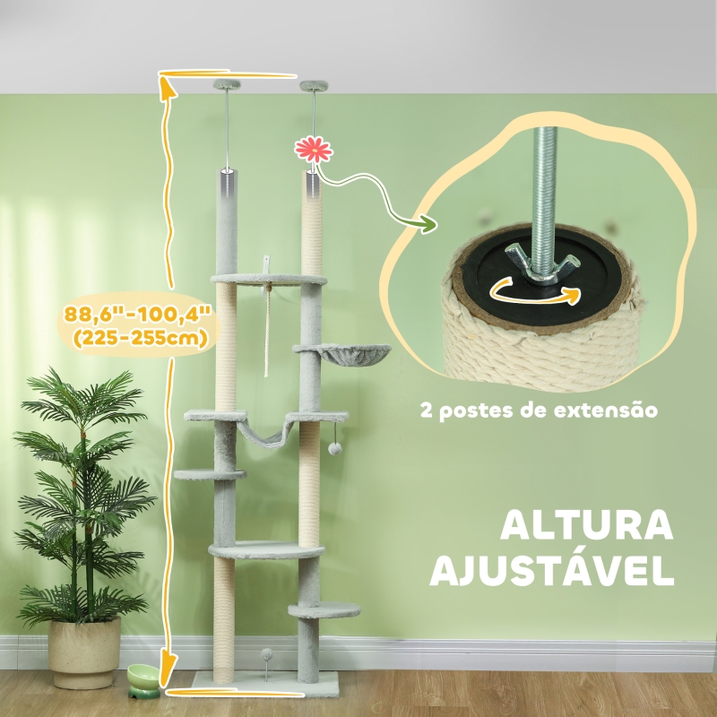 PawHut Arranhador para Gatos do Chão ao Teto 225-255 cm com 7 Níveis Rede Plataformas Postes de Arranhar  Cinza