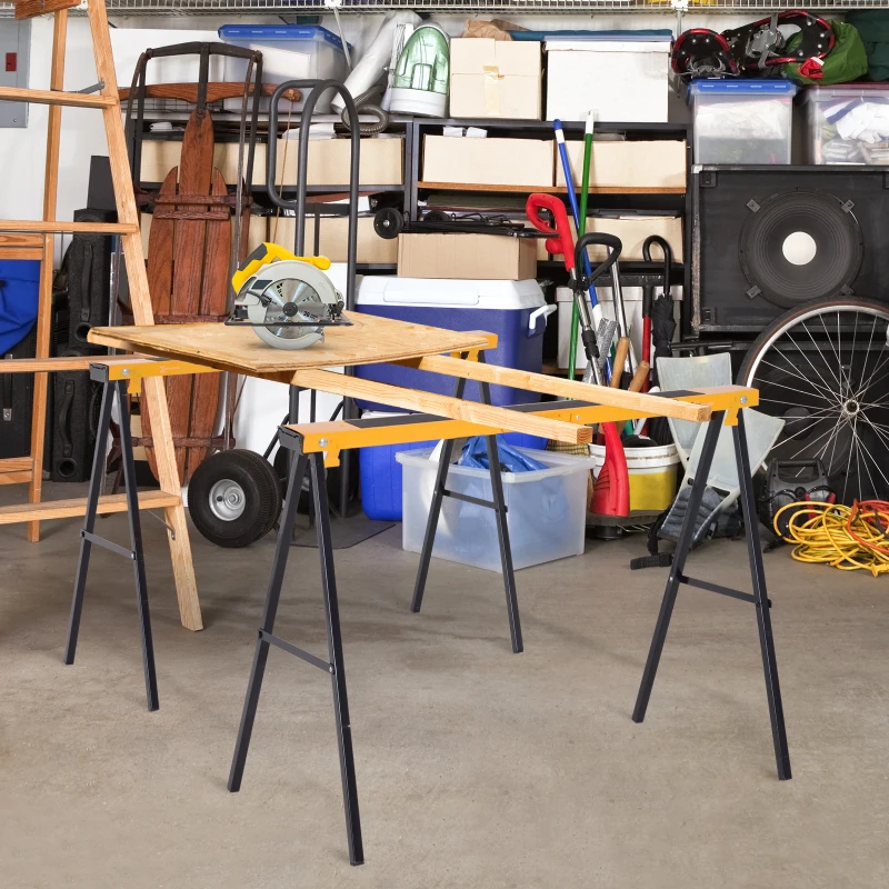DURHAND Lot de 2 tréteaux pliables compactes poignée transport dim. 100L x 50l x 76H cm surface antidérapante métal noir jaune