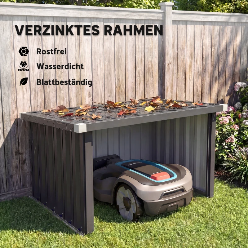 Outsunny Robotmaaiergarage staal 108 x 86 x 62,5 cm robotmaaiergarage met schuin dak beschermrand verzinkt staal