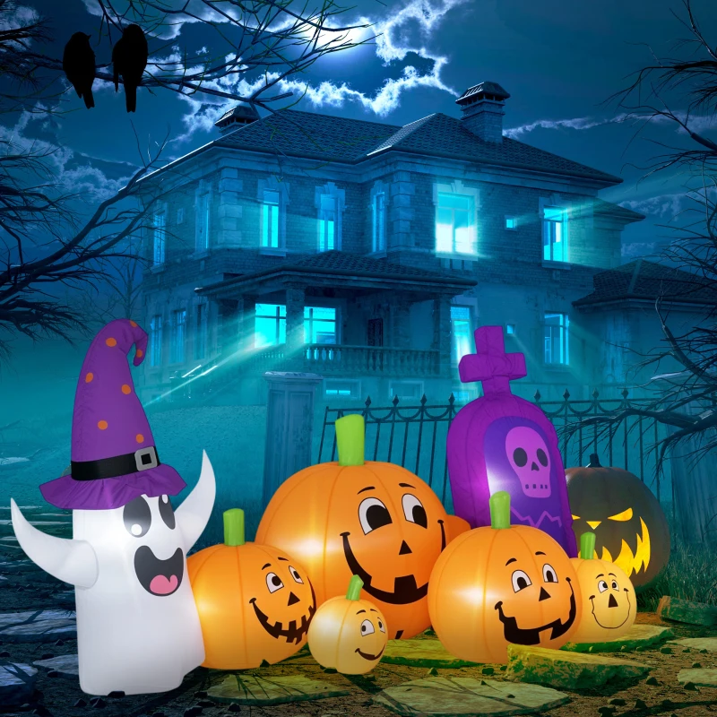 Outsunny Calabaza Inflable de Halloween con Fantasma Lápida con Luces LED IP44 e Inflador para Fiestas 240x130x130 cm Multicolor