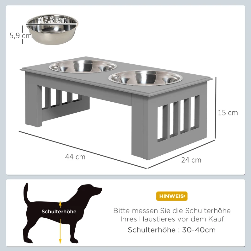 PawHut Hondenvoerstation, Antislip, 44x24x15cm, Grijs, 0,9L per Schaal