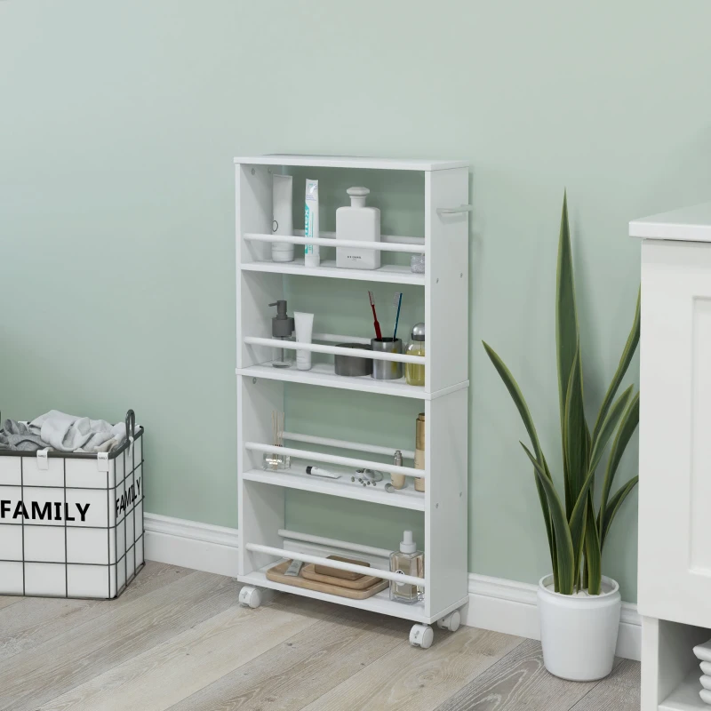 HOMCOM Multifunctioneel rek op wielen, slank ontwerp, 4 vakken, 45x15x91 cm, Wit