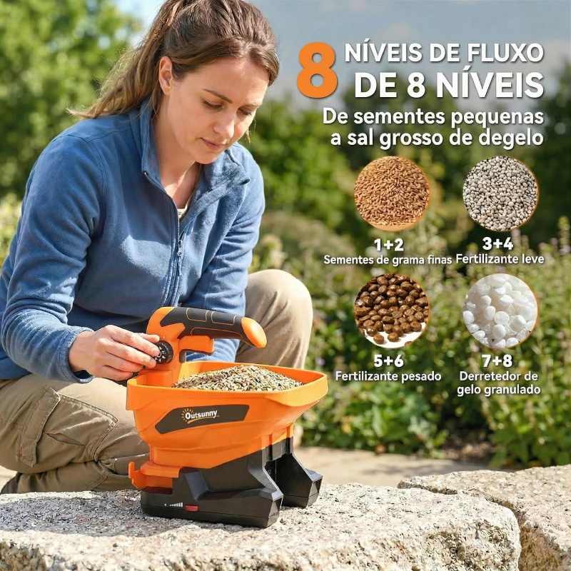 Outsunny Distribuidor Portátil 3,3 L 8 Níveis de Fluxo Largura de Dispersão Ajustável Porta USB para Relva Sal até 800 m² Laranja