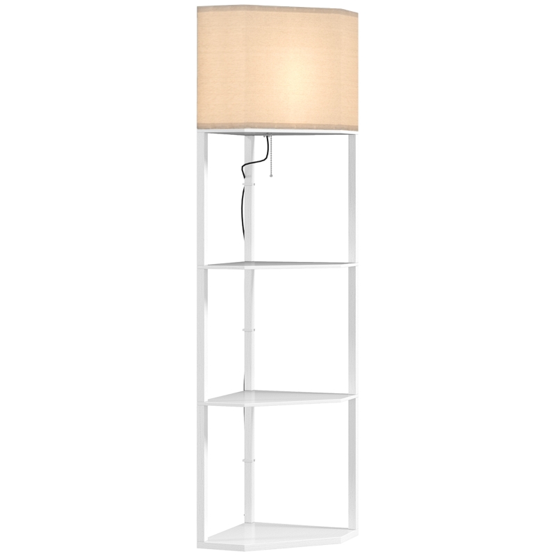 HOMCOM Corner Floor Lamp with Shelves, Tall Standing Lamps for Living Room, with Pull Chain Switch Bulb not Included, White