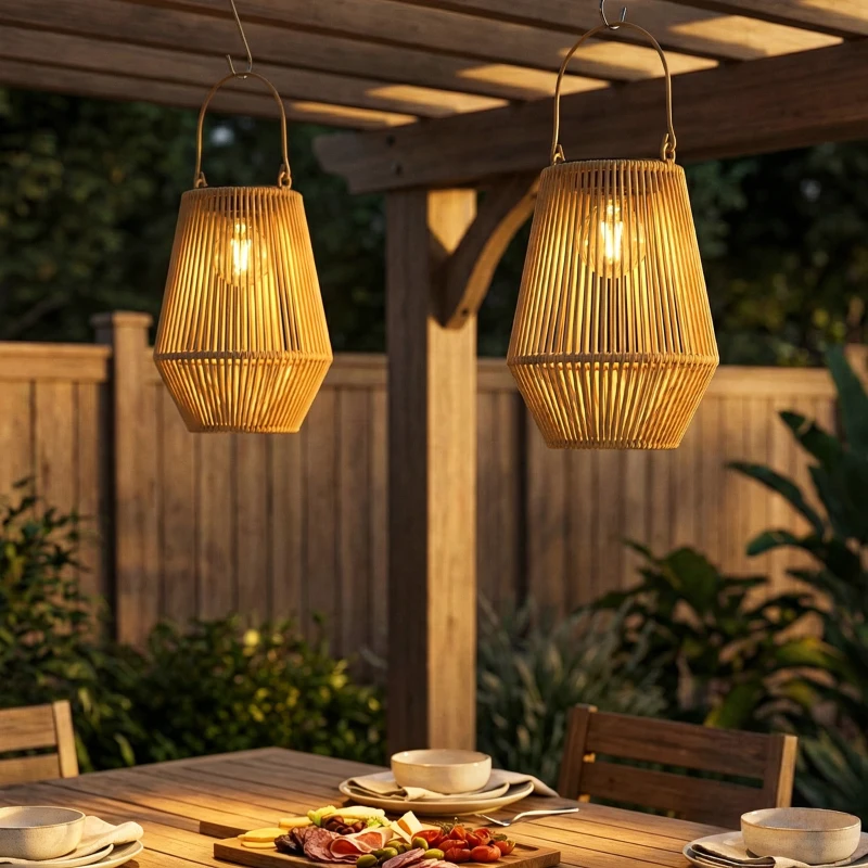 Outsunny Set di 2 Lampade Solari in Rattan,con Accensione/Spegnimento Automatico, IP44, 16x16x21 cm, Marrone