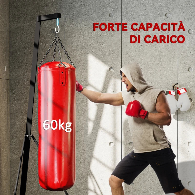 SPORTNOW Supporto Sacco da Boxe Regolabile in Altezza e Autoportante con Base Triangolare, 170x90x182-225 cm, Nero